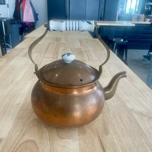 Vintage Decorative Copper Tea Kettle Pot With Ceramic Delft Blue Handle